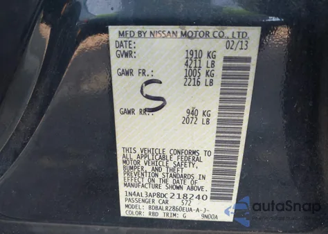 2013 Nissan Altima 2.5 S z USA, uszkodzony, nr VIN 1N4AL3AP8DC218240